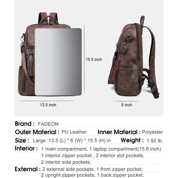 Women Coffee Brown Retro Style Backpack Designer 15.6 inch PU Leather Laptop Bag - Picture 3 of 10